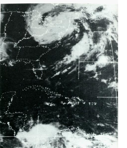 Black and White Satellite photo of a dissipating hurricane
